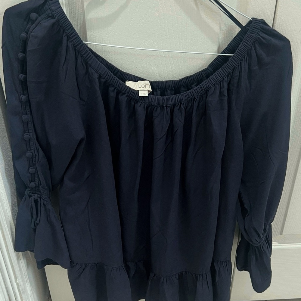 LOFT Navy Blue Ruffled 3/4 Sleeve Blouse Medium
